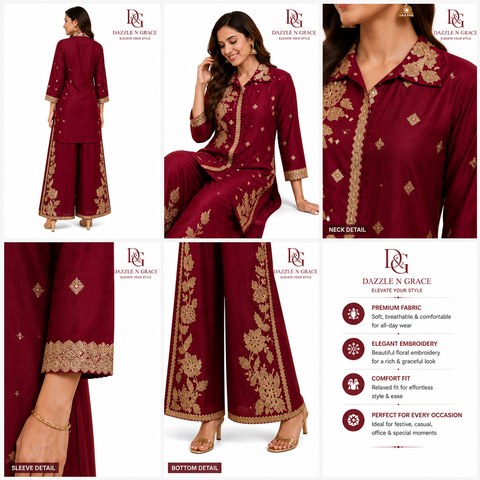Puja Magenta Floral Embroidered Coord Set | Golden Thread Shirt-Style | Festive Ethnic Party