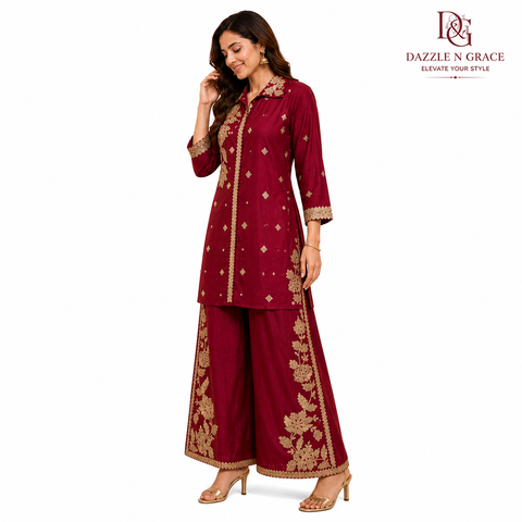 Puja Magenta Floral Embroidered Coord Set | Golden Thread Shirt-Style | Festive Ethnic Party