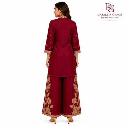 Puja Magenta Floral Embroidered Coord Set | Golden Thread Shirt-Style | Festive Ethnic Party