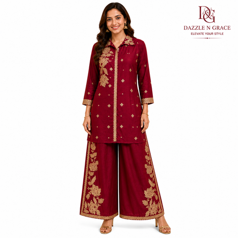 Puja Magenta Floral Embroidered Coord Set | Golden Thread Shirt-Style | Festive Ethnic Party