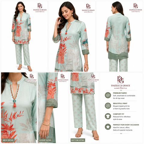 Aqua Coral Leaf Tassel-Neck Kurta with Pant | Braided Trim V-Neck Straight Rayon | Resort Casual Ethnic
