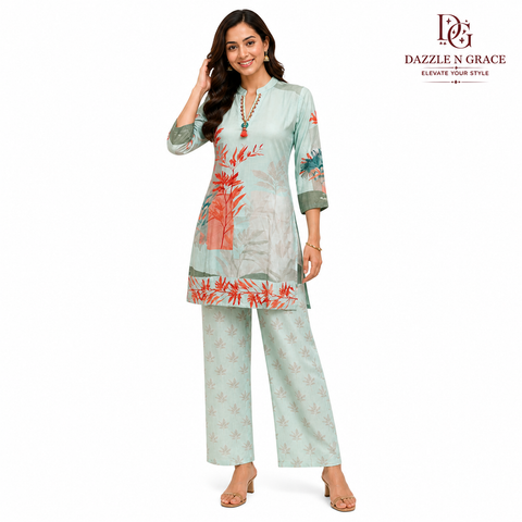 Aqua Coral Leaf Tassel-Neck Kurta with Pant | Braided Trim V-Neck Straight Rayon | Resort Casual Ethnic