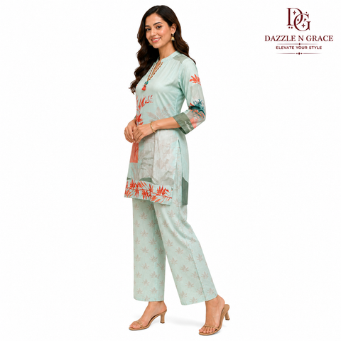 Aqua Coral Leaf Tassel-Neck Kurta with Pant | Braided Trim V-Neck Straight Rayon | Resort Casual Ethnic