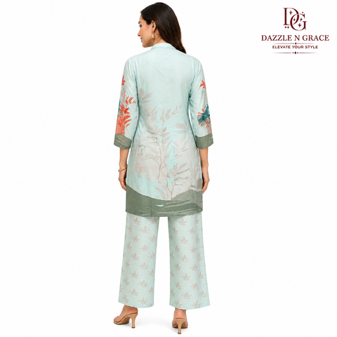 Aqua Coral Leaf Tassel-Neck Kurta with Pant | Braided Trim V-Neck Straight Rayon | Resort Casual Ethnic