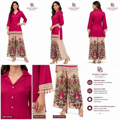 Puja Printed Coord Set | Olive Green, Magenta Pink & Royal Purple | Satin Lace Tassel Floral Palazzo | Semi-Formal
