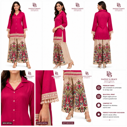 Puja Printed Coord Set | Olive Green, Magenta Pink & Royal Purple | Satin Lace Tassel Floral Palazzo | Semi-Formal