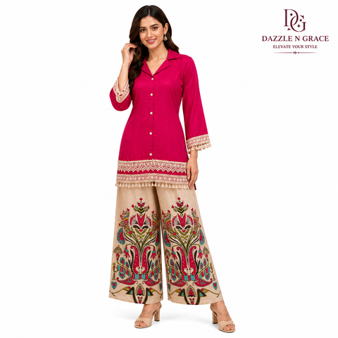 Puja Printed Coord Set | Olive Green, Magenta Pink & Royal Purple | Satin Lace Tassel Floral Palazzo | Semi-Formal