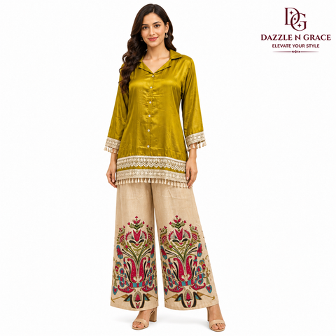 Puja Printed Coord Set | Olive Green, Magenta Pink & Royal Purple | Satin Lace Tassel Floral Palazzo | Semi-Formal