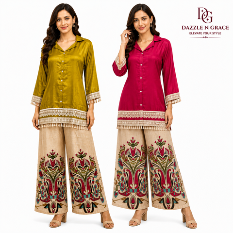 Puja Printed Coord Set | Olive Green, Magenta Pink & Royal Purple | Satin Lace Tassel Floral Palazzo | Semi-Formal