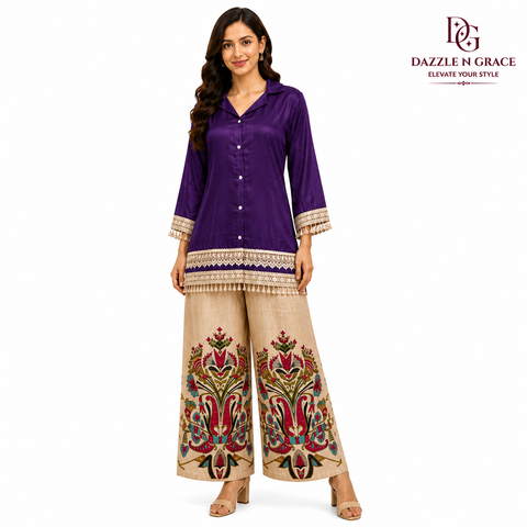 Puja Printed Coord Set | Olive Green, Magenta Pink & Royal Purple | Satin Lace Tassel Floral Palazzo | Semi-Formal