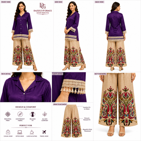 Puja Printed Coord Set | Olive Green, Magenta Pink & Royal Purple | Satin Lace Tassel Floral Palazzo | Semi-Formal
