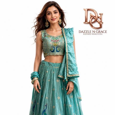 Toral Sea Green Peacock Embroidered Lehenga Choli Set | Bead Zari Silk | Wedding Wear