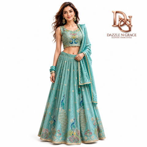 Toral Sea Green Peacock Embroidered Lehenga Choli Set | Bead Zari Silk | Wedding Wear