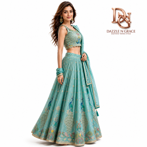 Toral Sea Green Peacock Embroidered Lehenga Choli Set | Bead Zari Silk | Wedding Wear