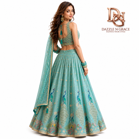 Toral Sea Green Peacock Embroidered Lehenga Choli Set | Bead Zari Silk | Wedding Wear
