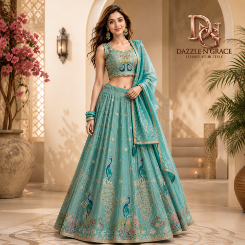 Toral Sea Green Peacock Embroidered Lehenga Choli Set | Bead Zari Silk | Wedding Wear