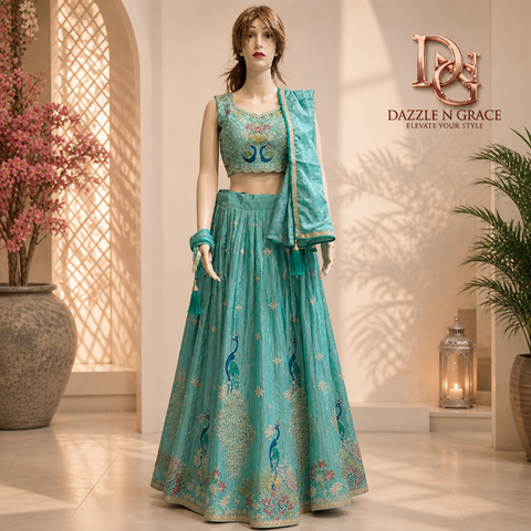 Toral Sea Green Peacock Embroidered Lehenga Choli Set | Bead Zari Silk | Wedding Wear