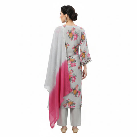 Sky Blue Floral Printed Straight Kurta Set with Pink Ombre Dupatta | Casual Festive Ethnic Wear