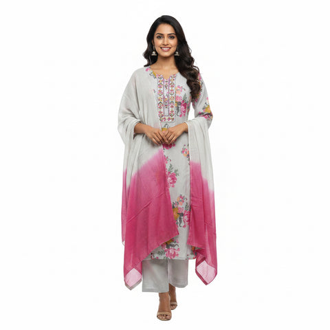 Sky Blue Floral Printed Straight Kurta Set with Pink Ombre Dupatta | Casual Festive Ethnic Wear