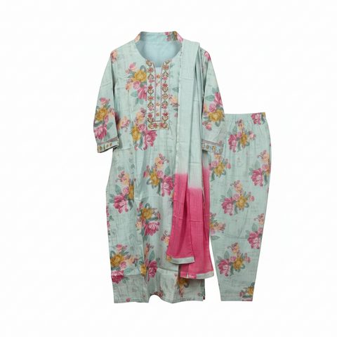 Sky Blue Floral Printed Straight Kurta Set with Pink Ombre Dupatta | Casual Festive Ethnic Wear