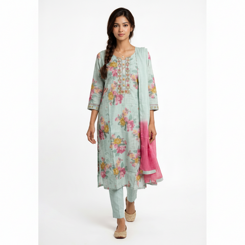 Sky Blue Floral Printed Straight Kurta Set with Pink Ombre Dupatta | Casual Festive Ethnic Wear