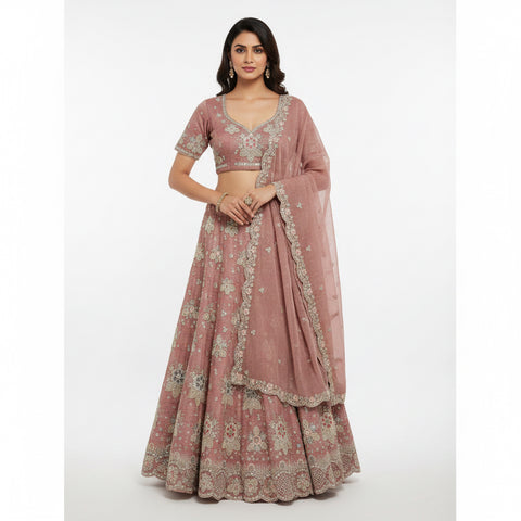 Peach Embroidered Ghaghara Choli with Sequin Thread Mirror Dupatta | Festive Bridal Ethnic Wear