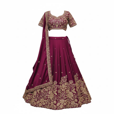 Royal Wine Floral Bridal Ghaghra Choli Set | Zari Sequin Scalloped | Wedding Wear