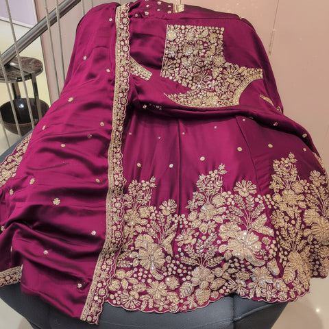 Royal Wine Floral Bridal Ghaghra Choli Set | Zari Sequin Scalloped | Wedding Wear