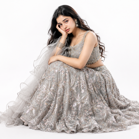 Platinum Mist Crystal Embroidered Ghaghra Choli Set | Crystal Zari Net | Bridal Glamour