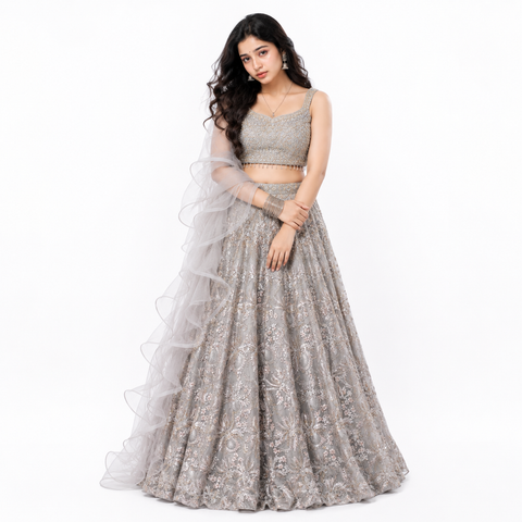 Platinum Mist Crystal Embroidered Ghaghra Choli Set | Crystal Zari Net | Bridal Glamour