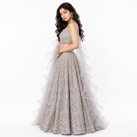 Platinum Mist Crystal Embroidered Ghaghra Choli Set | Crystal Zari Net | Bridal Glamour