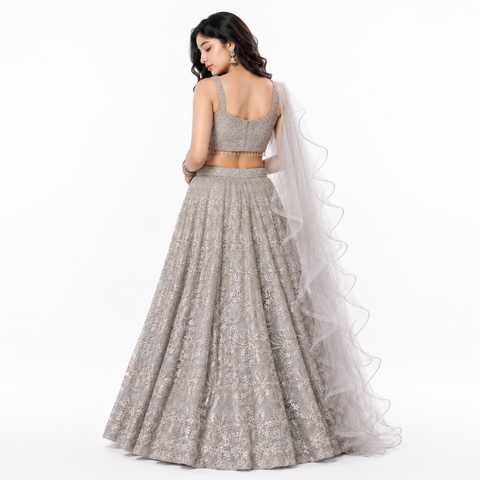 Platinum Mist Crystal Embroidered Ghaghra Choli Set | Crystal Zari Net | Bridal Glamour