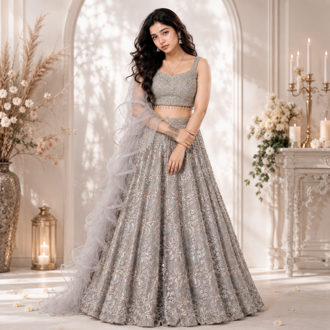 Platinum Mist Crystal Embroidered Ghaghra Choli Set | Crystal Zari Net | Bridal Glamour