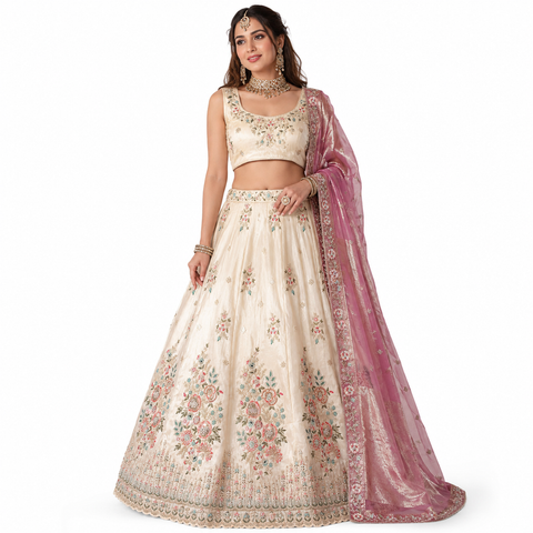Ivory Blossom Embroidered Ghaghra Choli Set | Multicolour Zari Sequin | Daytime Bridal