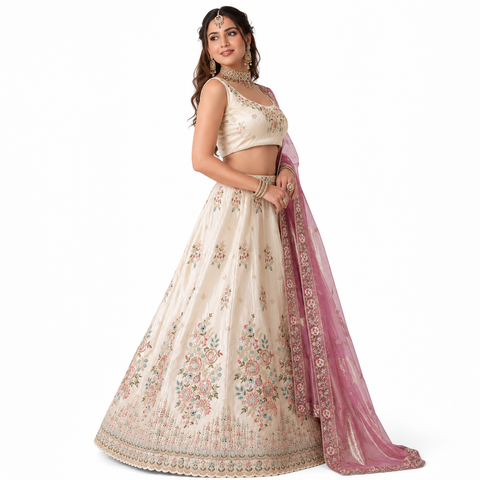 Ivory Blossom Embroidered Ghaghra Choli Set | Multicolour Zari Sequin | Daytime Bridal