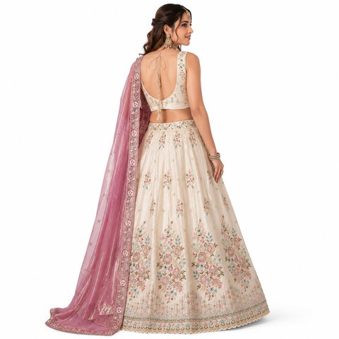 Ivory Blossom Embroidered Ghaghra Choli Set | Multicolour Zari Sequin | Daytime Bridal