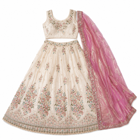 Ivory Blossom Embroidered Ghaghra Choli Set | Multicolour Zari Sequin | Daytime Bridal