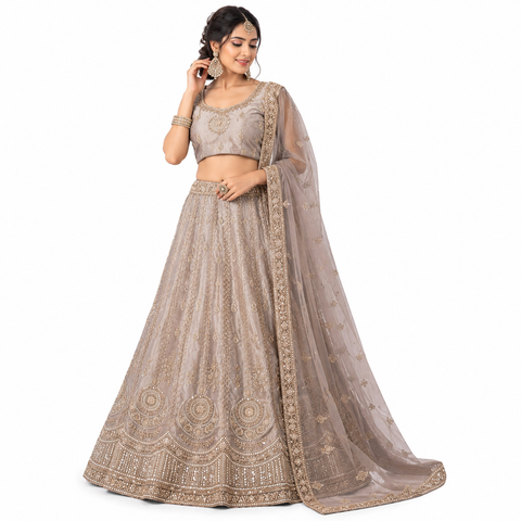 Champagne Gold Hand-Embroidered Lehenga Set | Zardozi Sequin 3-Piece | Wedding Wear