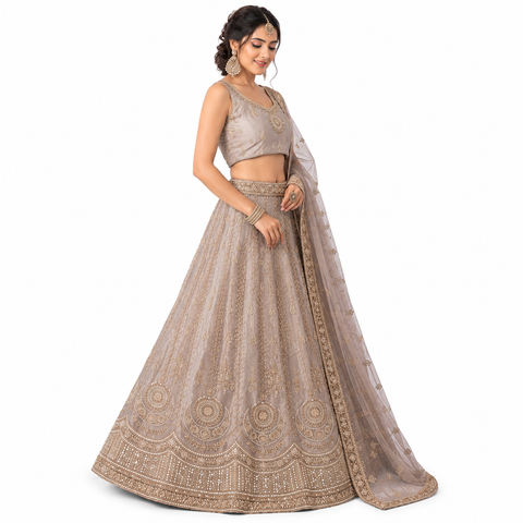 Champagne Gold Hand-Embroidered Lehenga Set | Zardozi Sequin 3-Piece | Wedding Wear