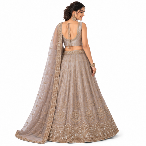 Champagne Gold Hand-Embroidered Lehenga Set | Zardozi Sequin 3-Piece | Wedding Wear
