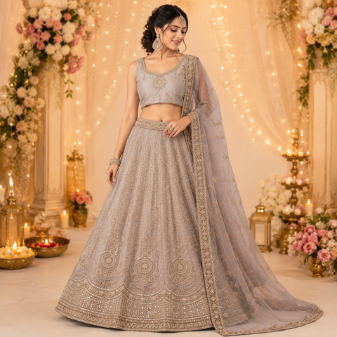 Champagne Gold Hand-Embroidered Lehenga Set | Zardozi Sequin 3-Piece | Wedding Wear