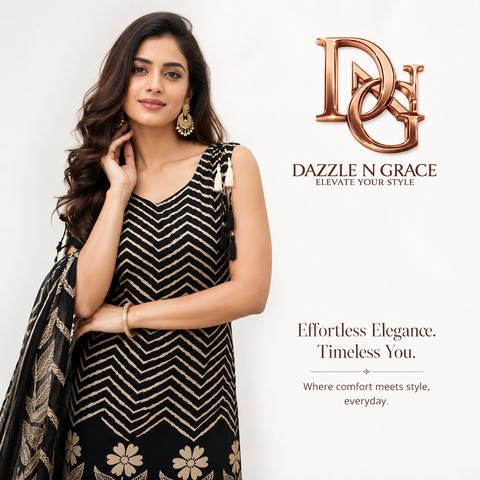Dazzle N Grace – Premium Navy Blue Chevron Printed Kurta Palazzo Set