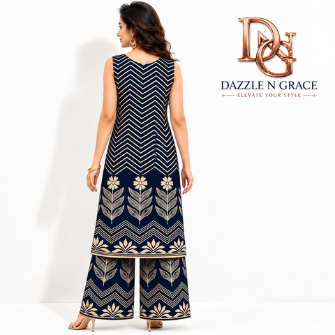 Dazzle N Grace – Premium Navy Blue Chevron Printed Kurta Palazzo Set