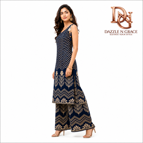 Dazzle N Grace – Premium Navy Blue Chevron Printed Kurta Palazzo Set