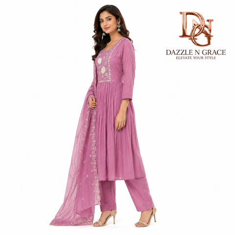 Dusty Rose Embroidered Anarkali Suit Set with Dupatta