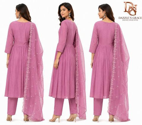 Dusty Rose Embroidered Anarkali Suit Set with Dupatta