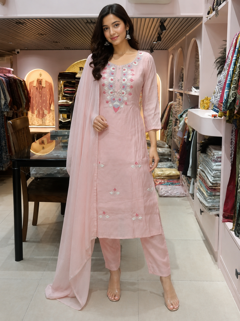Blush Pink Embroidered Cotton Suit Set with Dupatta