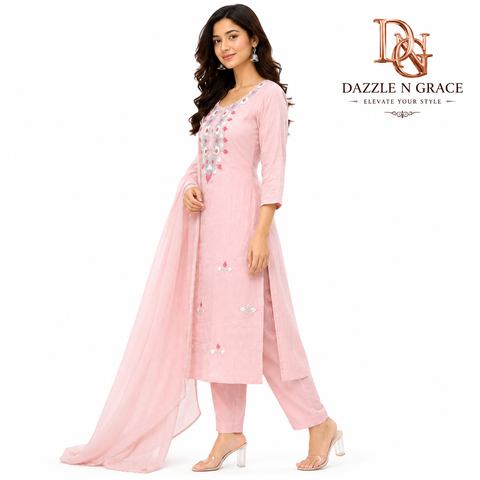 Blush Pink Embroidered Cotton Suit Set with Dupatta