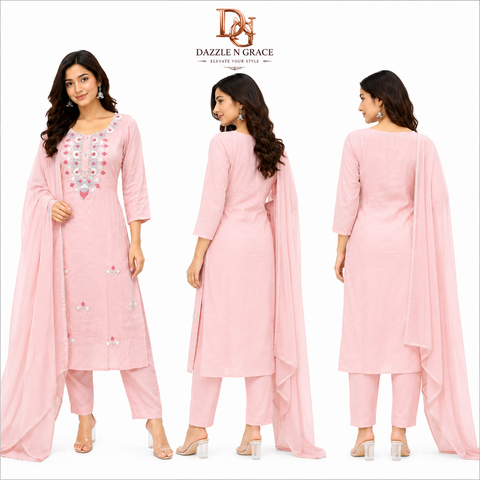 Blush Pink Embroidered Cotton Suit Set with Dupatta