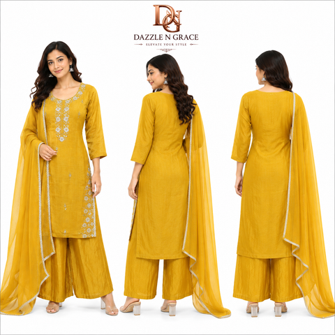 Mustard Yellow Embroidered Kurta Palazzo Suit Set with Dupatta